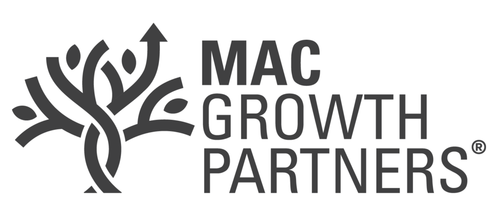 Logo for MAC Growth Partners, featuring a stylized tree with upward arrows as branches next to the company name in bold uppercase letters.