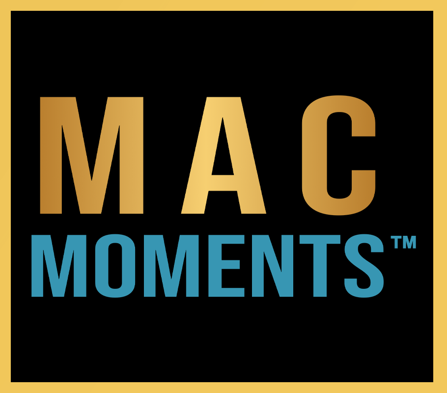 A black square with a gold border features the words "MAC" in large gold letters and "MOMENTS" in smaller blue letters, with a trademark symbol next to "MOMENTS".