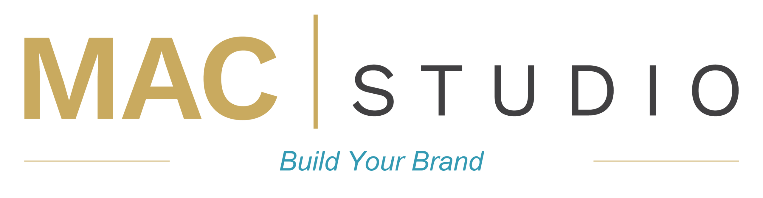 Logo with “MAC” in large gold letters, “STUDIO” in black, and “Build Your Brand” in blue italics underneath. Thin gold lines border the bottom text.
