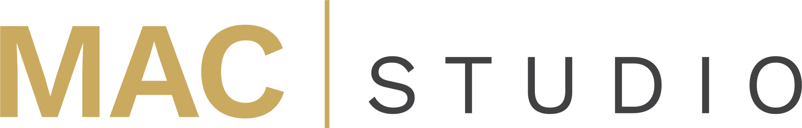 The image shows the “MAC STUDIO” logo with “MAC” in gold letters and “STUDIO” in gray letters on a white background.