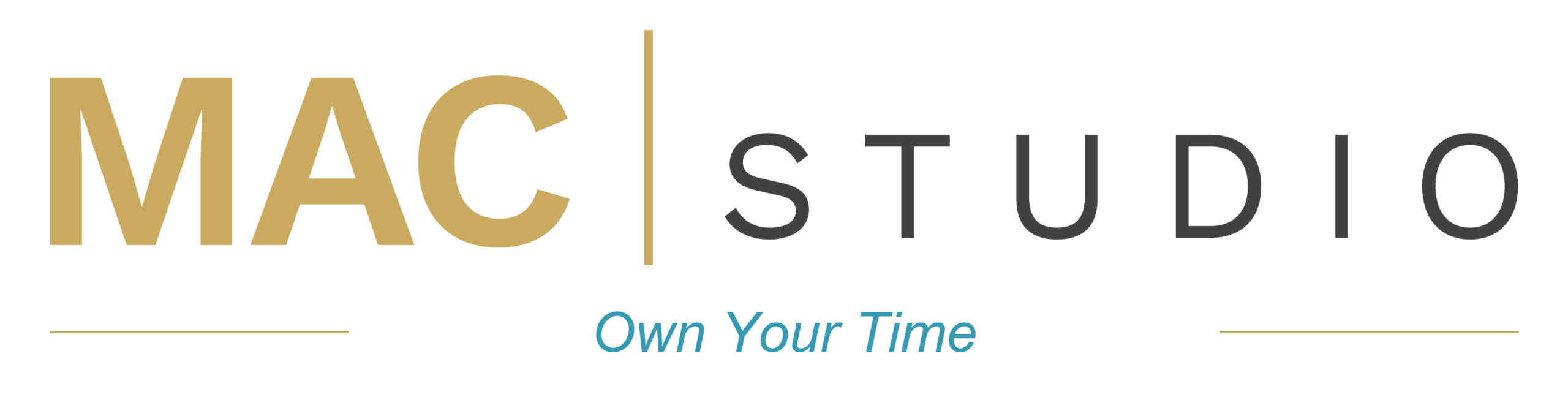 Logo with the words “MAC STUDIO” in large font and “Own Your Time” in smaller blue italic text below.