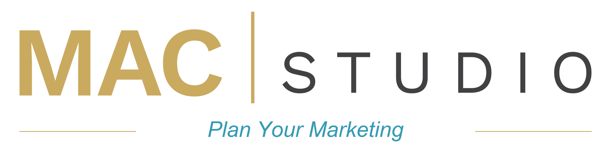 Logo reading “MAC STUDIO” with “MAC” in gold and “STUDIO” in black, separated by a vertical line. Below, in blue italics, it says “Plan Your Marketing.”.